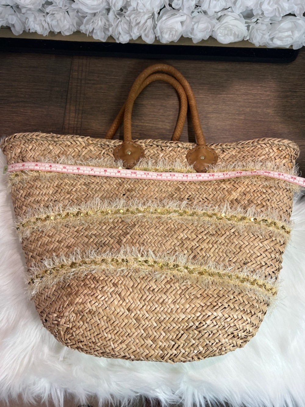 Merona Natural Straw Tote with Gold Trim and Brown Handles